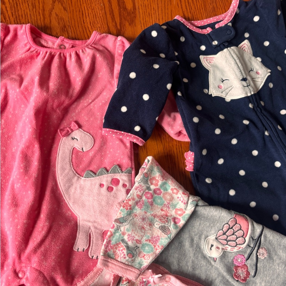 Pink and Navy Baby Onesies with Dinosaur and Cat Designs
